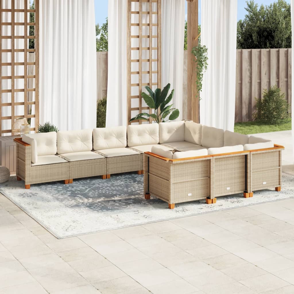 Set Divano da Giardino 10 pz con Cuscini Beige in Polyrattan