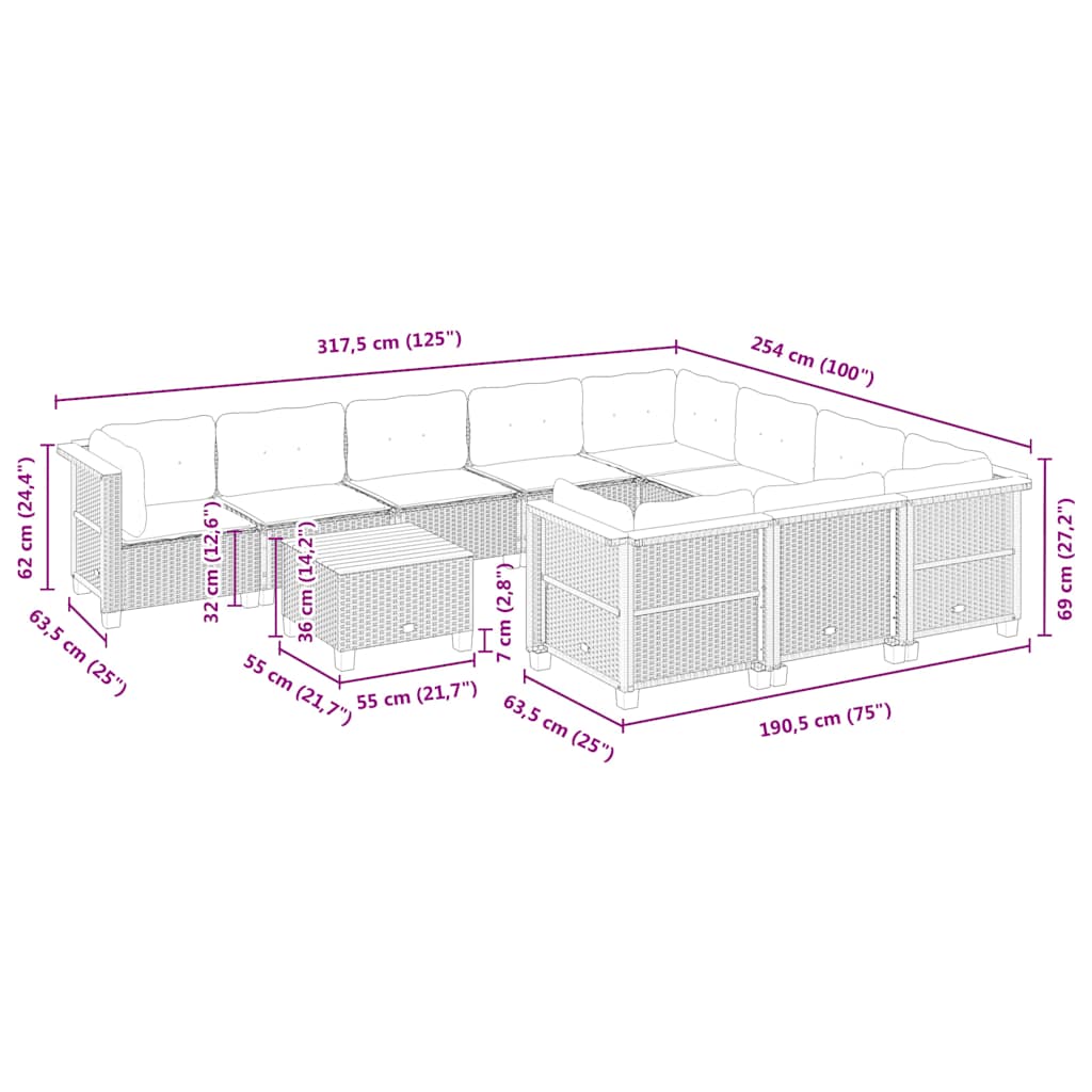 Set Divani da Giardino 11 pz con Cuscini Beige in Polyrattan