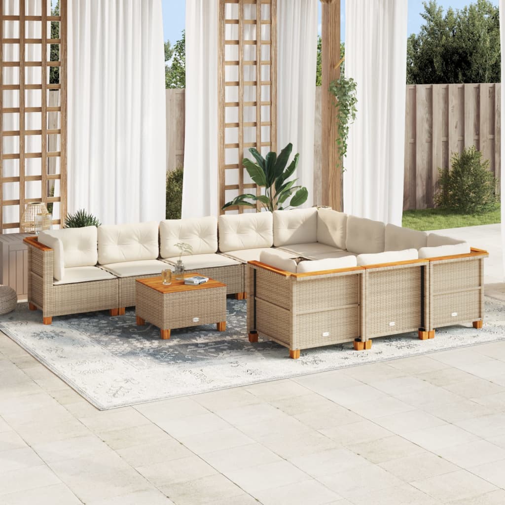 Set Divani da Giardino 11 pz con Cuscini Beige in Polyrattan