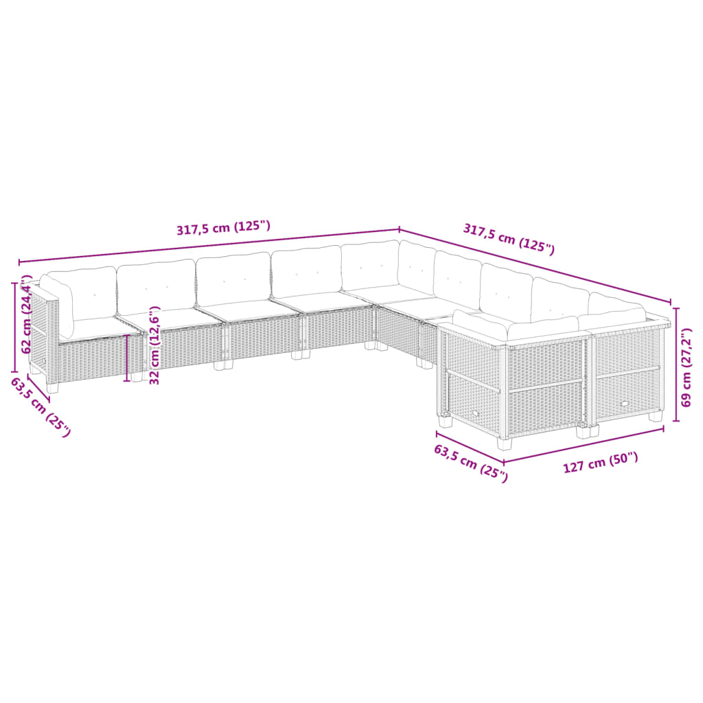 Set Divano da Giardino 10 pz con Cuscini Beige in Polyrattan