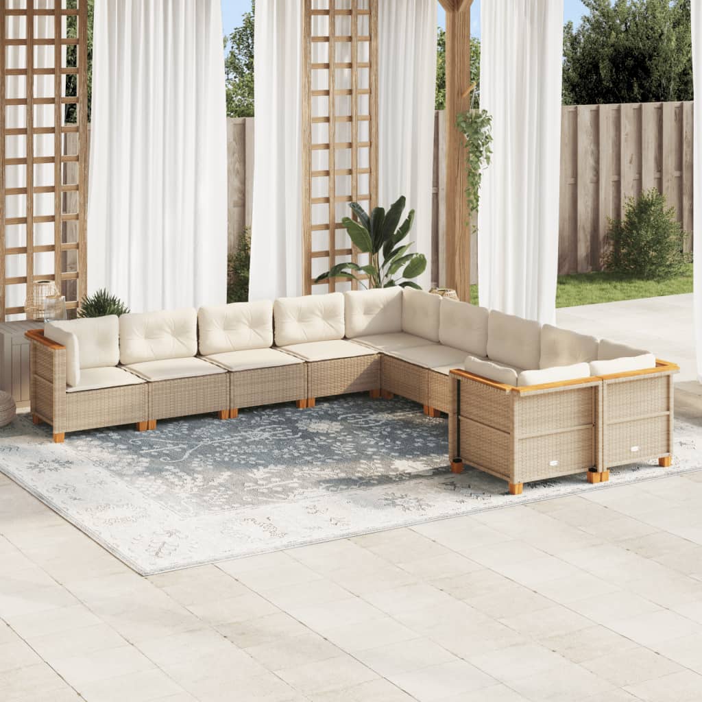 Set Divano da Giardino 10 pz con Cuscini Beige in Polyrattan