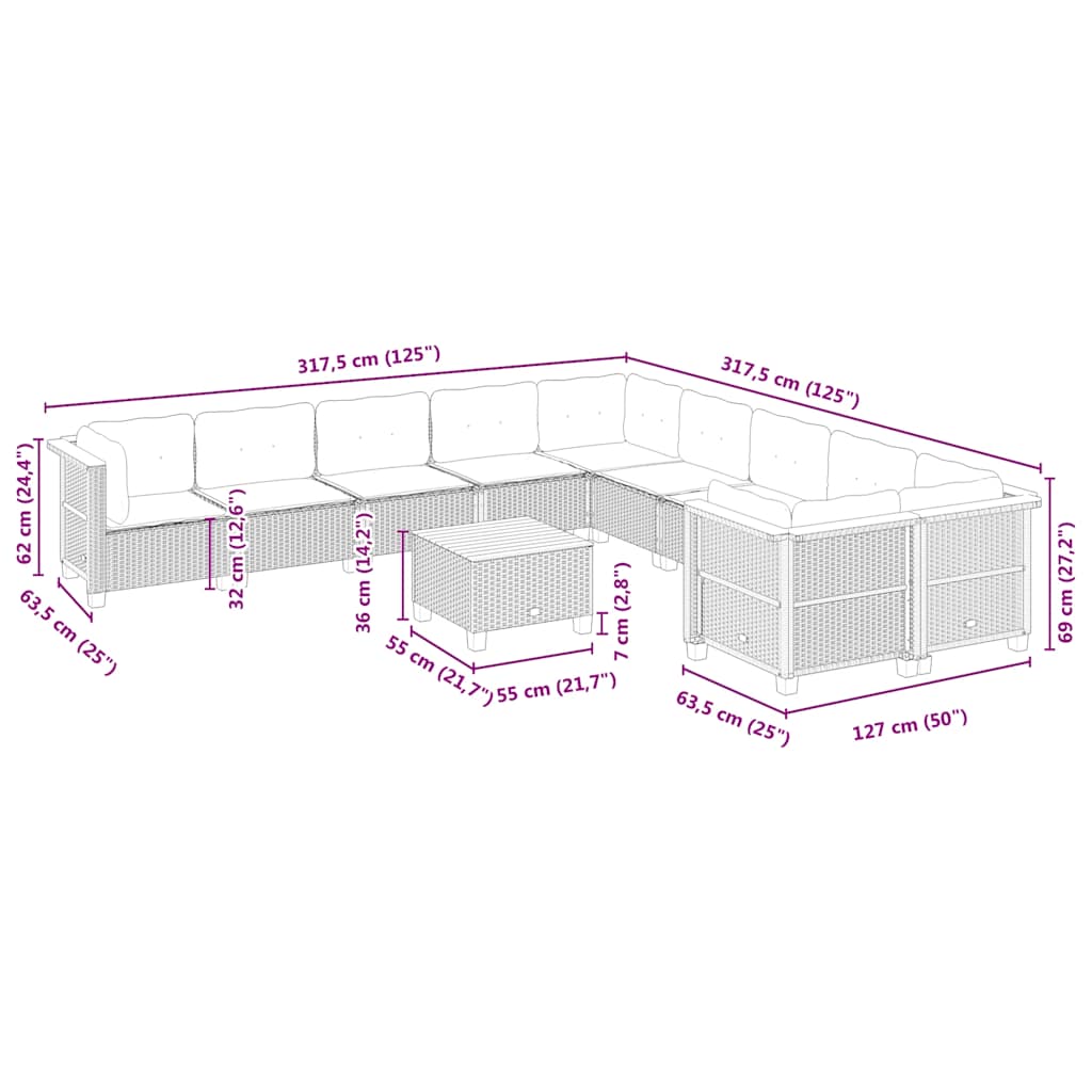 Set Divani da Giardino 11 pz con Cuscini Beige in Polyrattan