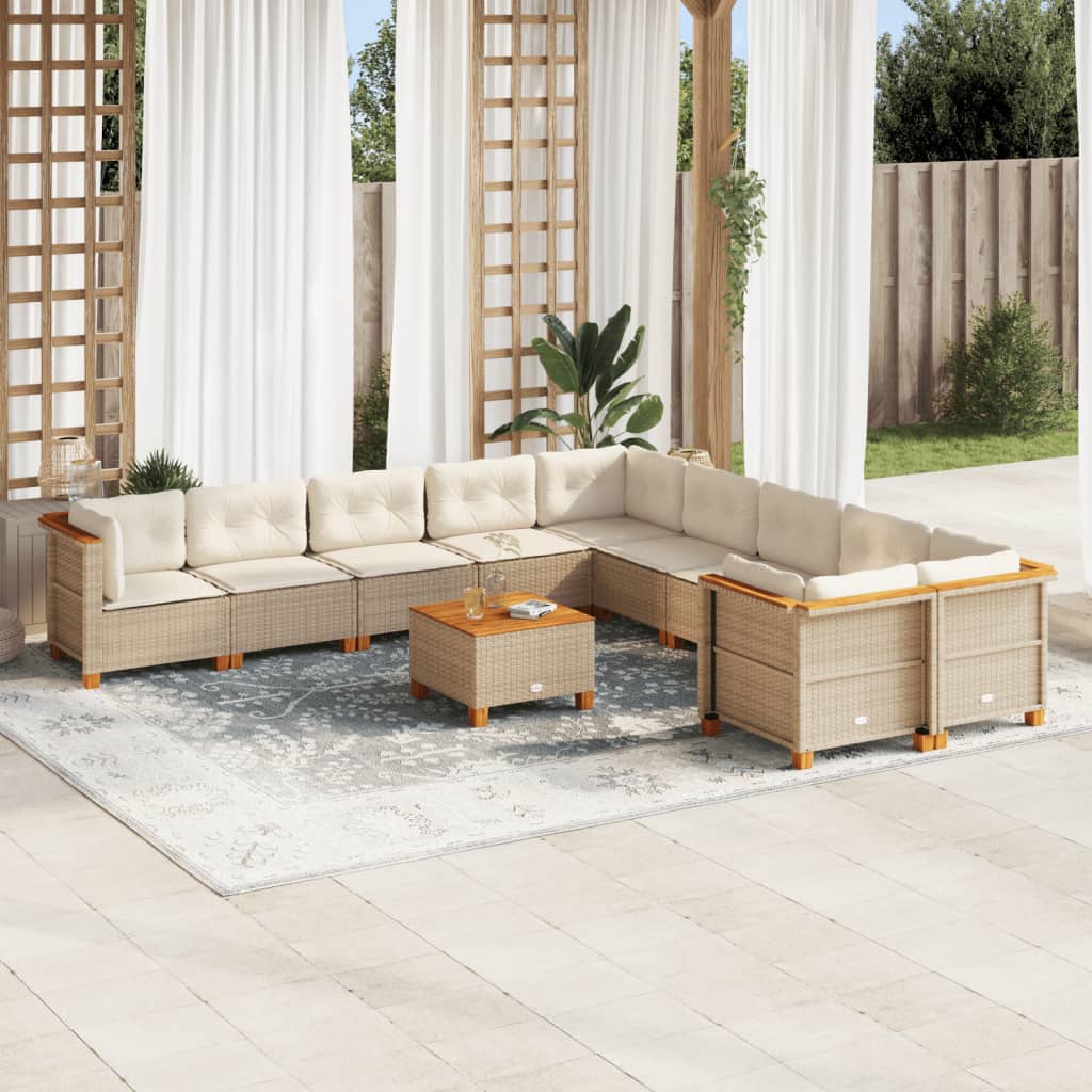 Set Divani da Giardino 11 pz con Cuscini Beige in Polyrattan