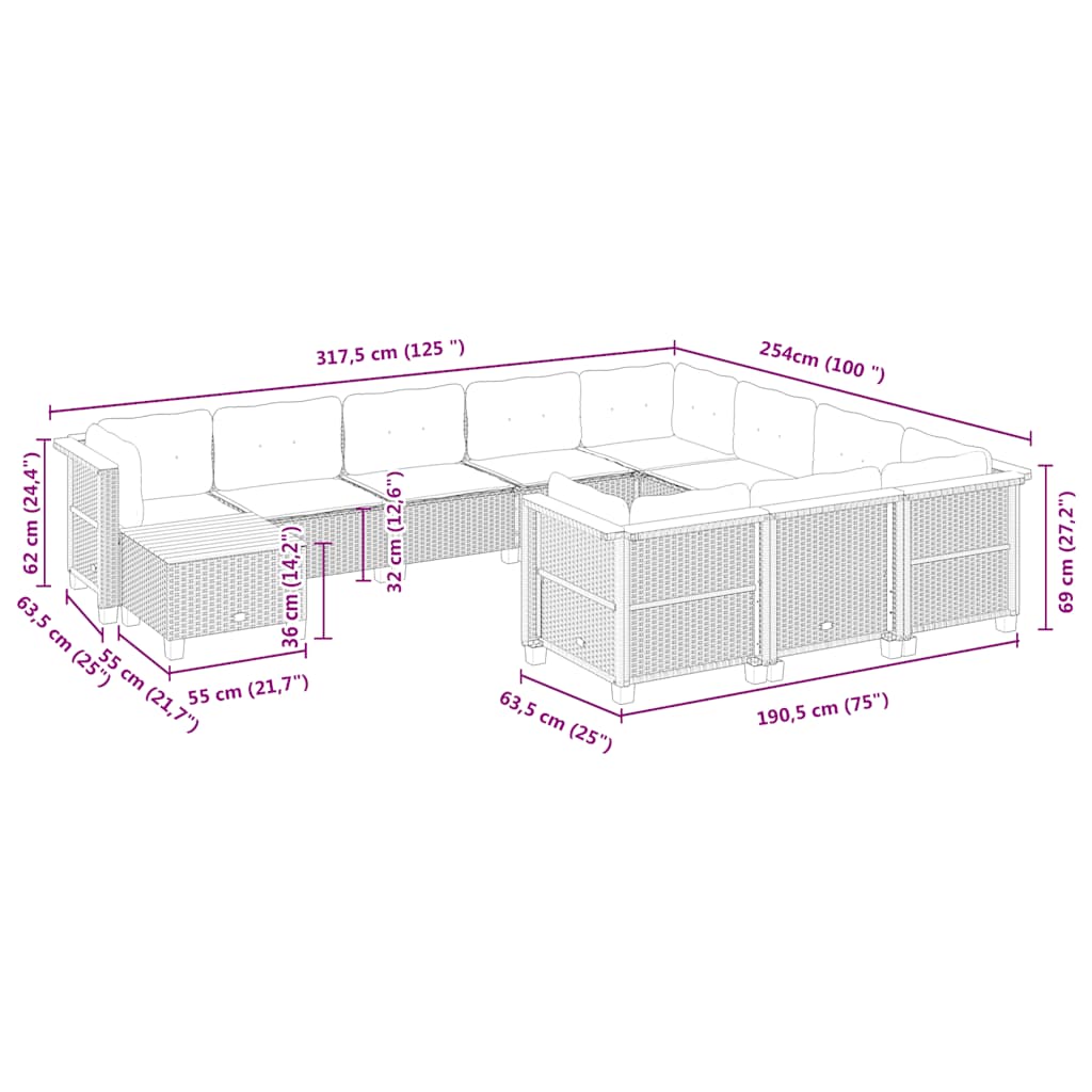 Set Divani da Giardino 11 pz con Cuscini Beige in Polyrattan