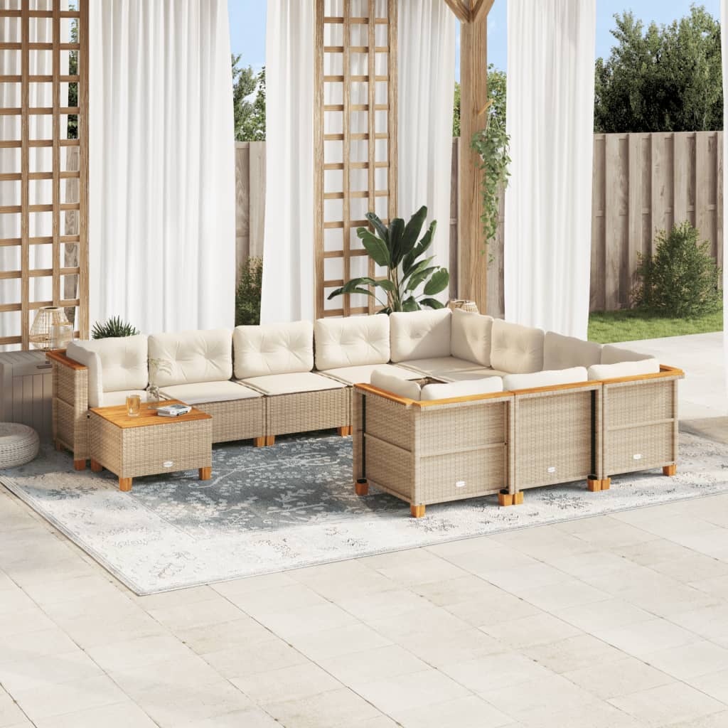 Set Divani da Giardino 11 pz con Cuscini Beige in Polyrattan