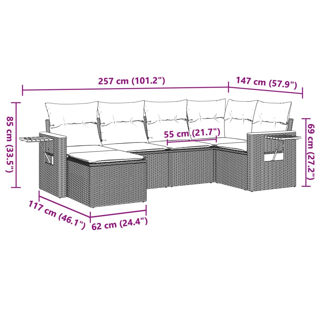 Set Divano da Giardino 6 pz con Cuscini Grigio in Polyrattan