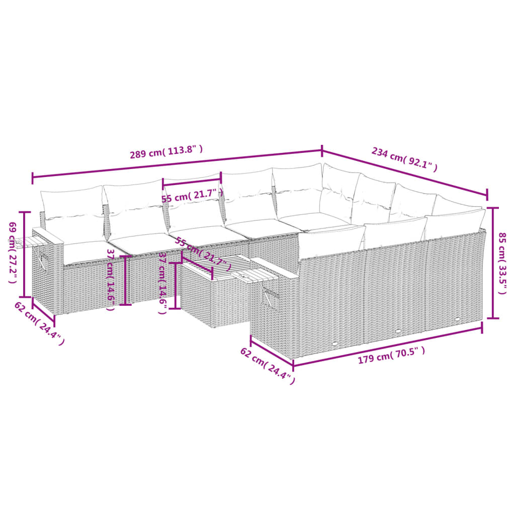 Set Divani da Giardino 11 pz con Cuscini in Polyrattan Grigio