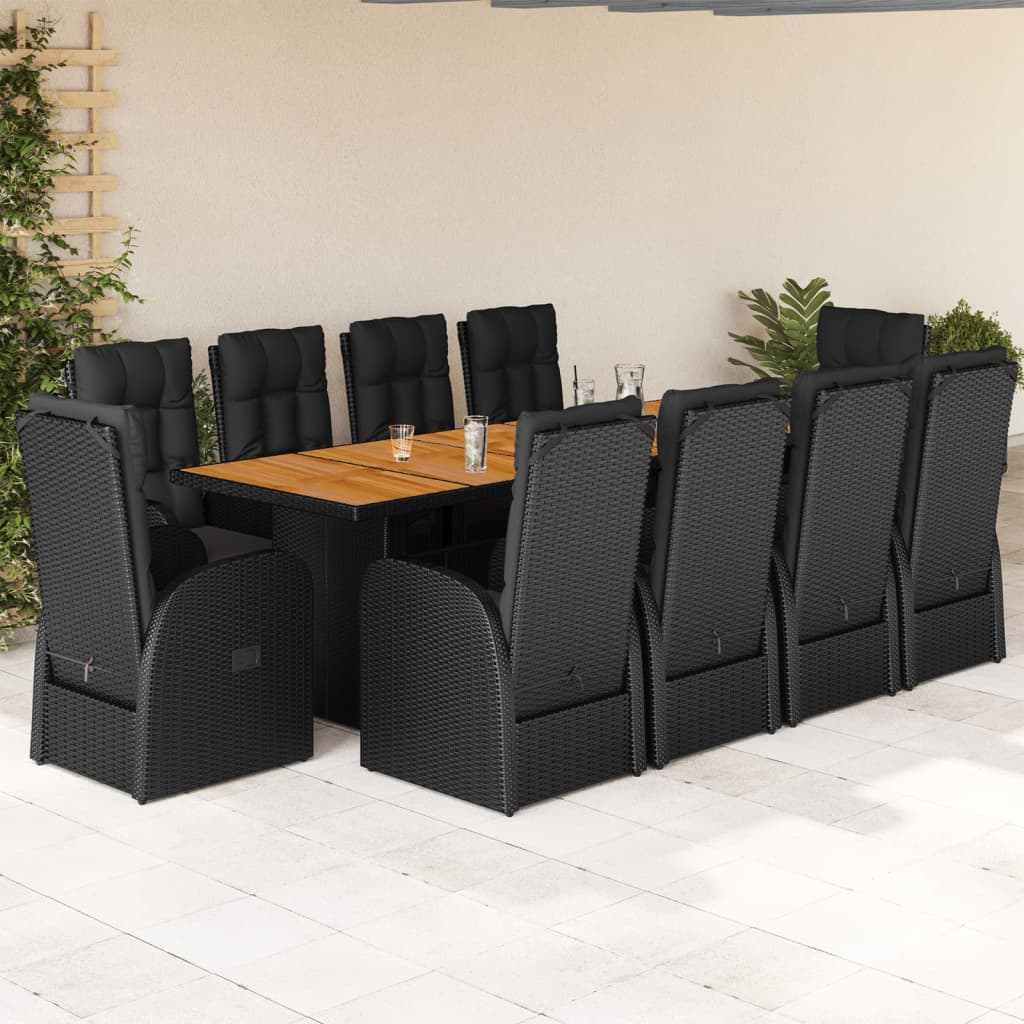 Set da Pranzo da Giardino 11 pz con Cuscini in Polyrattan Nero