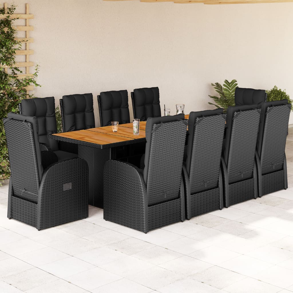 Set da Pranzo da Giardino 11 pz con Cuscini in Polyrattan Nero