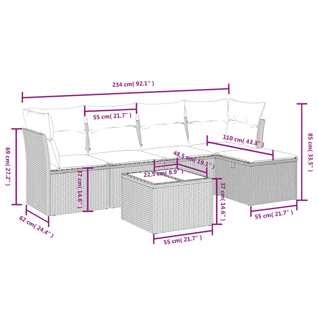 Set Divano da Giardino 6 pz con Cuscini Marrone in Polyrattan