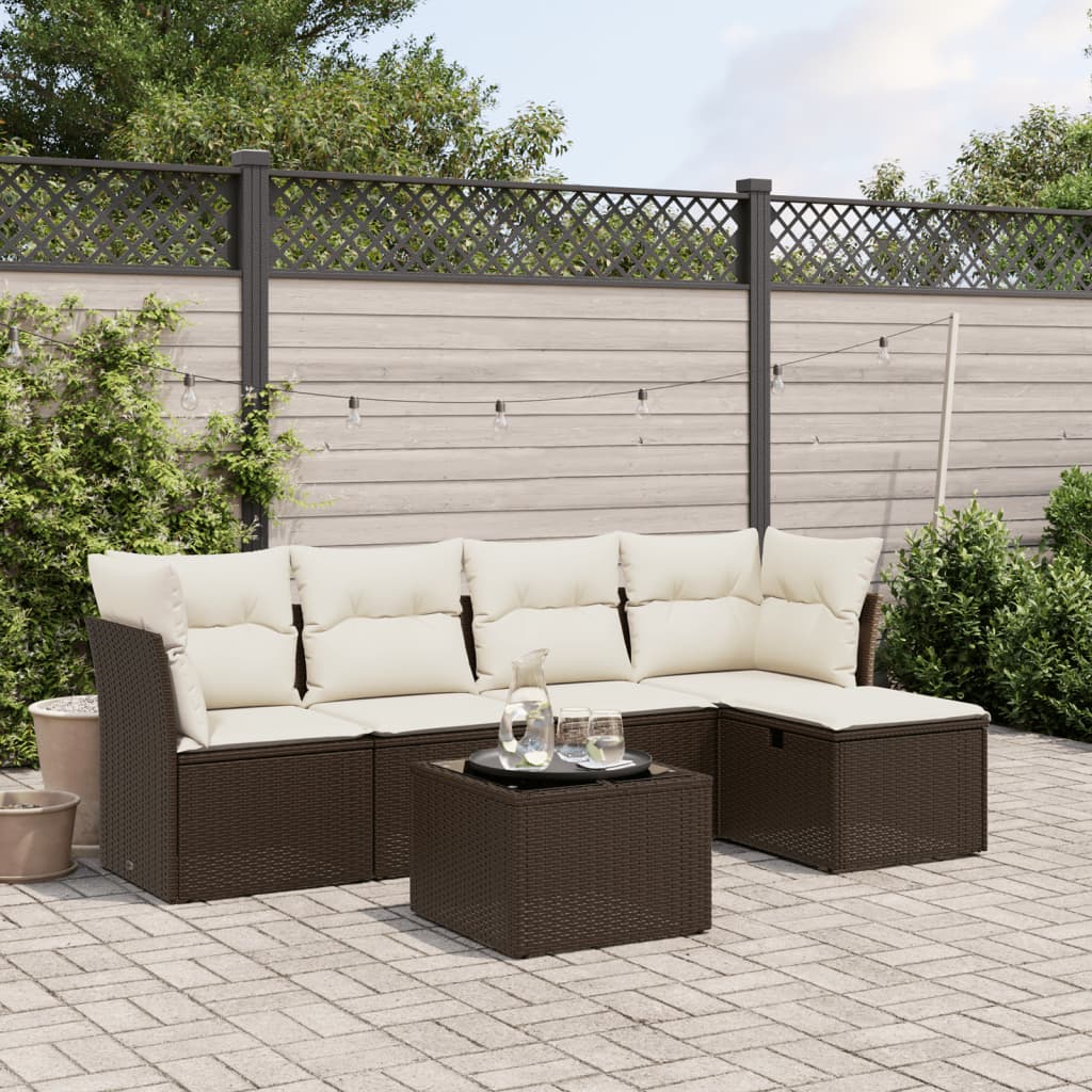 Set Divano da Giardino 6 pz con Cuscini Marrone in Polyrattan