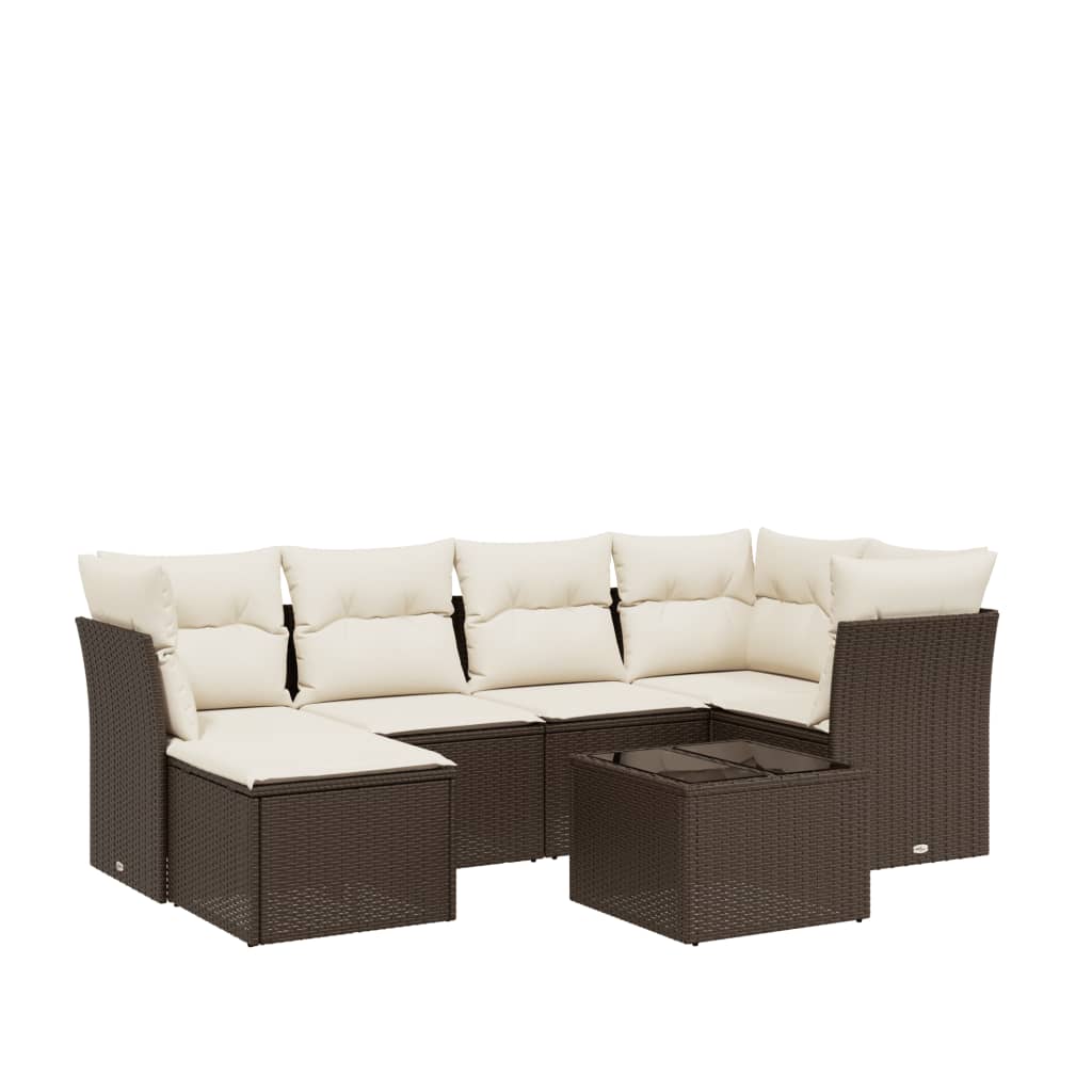 Set Divani da Giardino 7 pz con Cuscini Marrone in Polyrattan