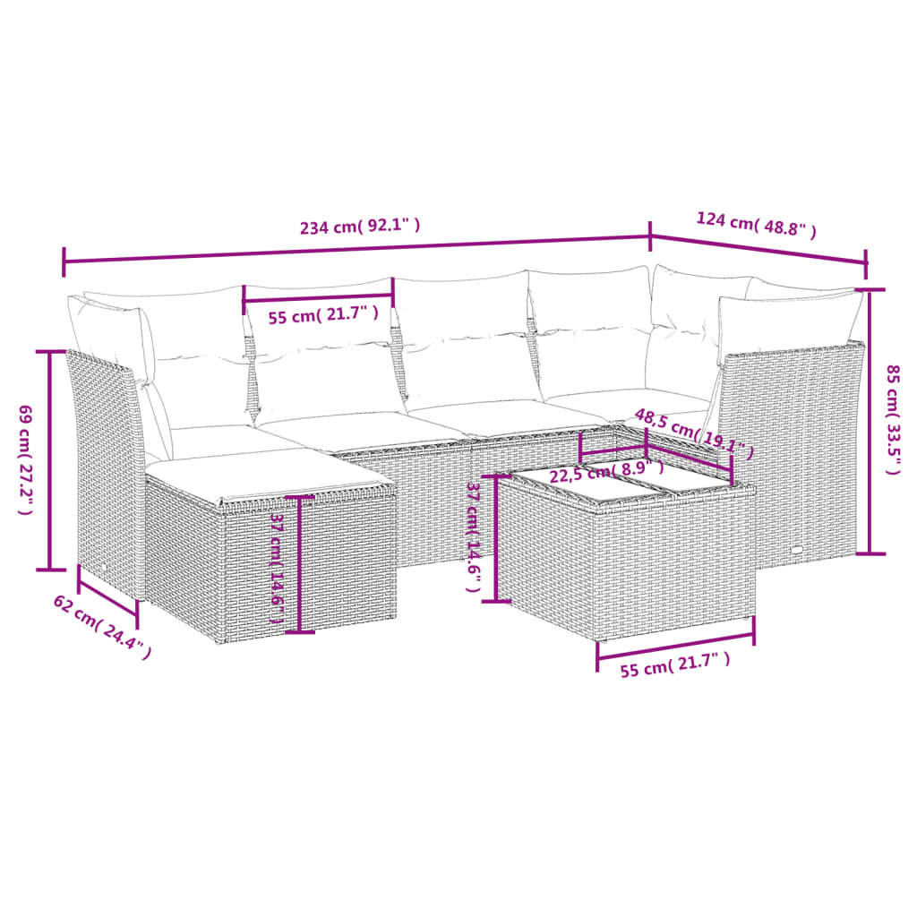 Set Divani da Giardino 7 pz con Cuscini Marrone in Polyrattan