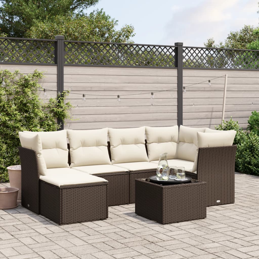 Set Divani da Giardino 7 pz con Cuscini Marrone in Polyrattan