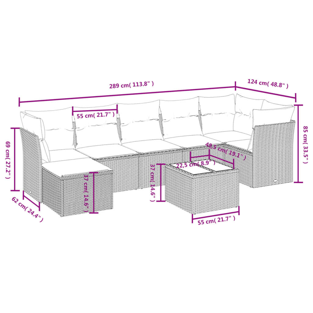 Set Divani da Giardino 8 pz con Cuscini Marrone in Polyrattan