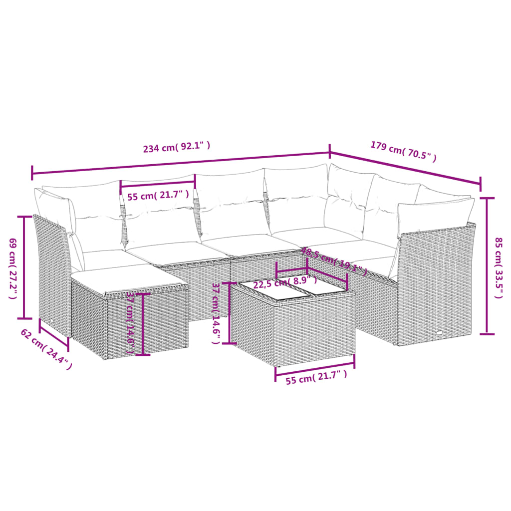 Set Divani da Giardino 8 pz con Cuscini Marrone in Polyrattan