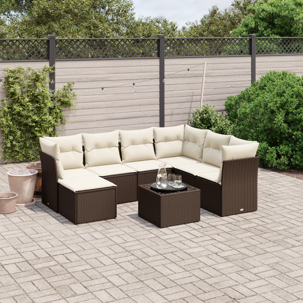 Set Divani da Giardino 8 pz con Cuscini Marrone in Polyrattan