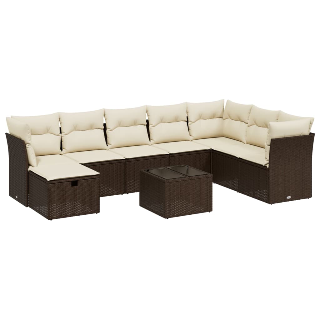 Set Divani da Giardino 9pz con Cuscini Marrone in Polyrattan