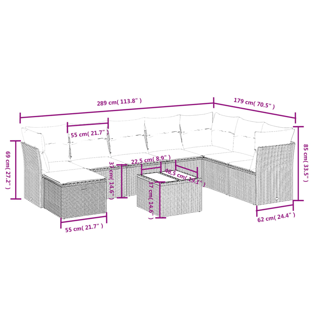 Set Divani da Giardino 9pz con Cuscini Marrone in Polyrattan