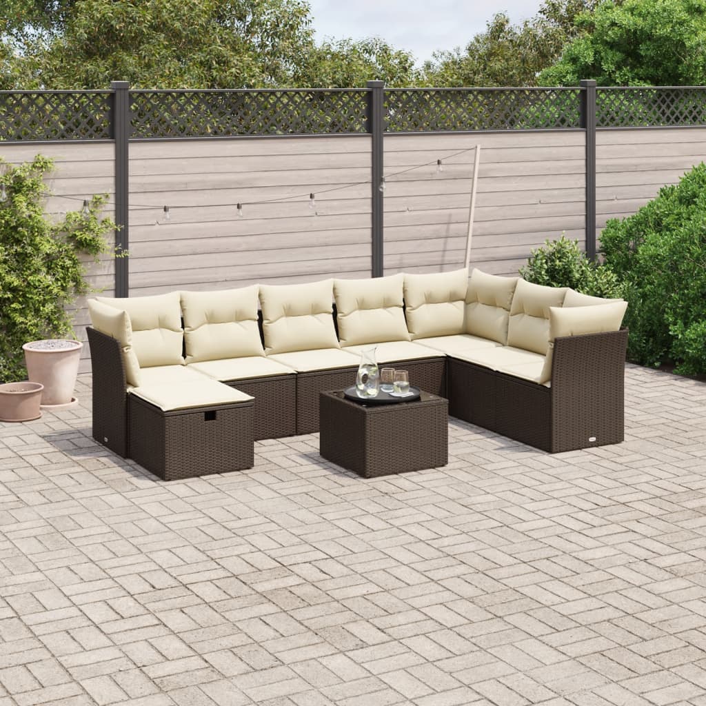 Set Divani da Giardino 9pz con Cuscini Marrone in Polyrattan