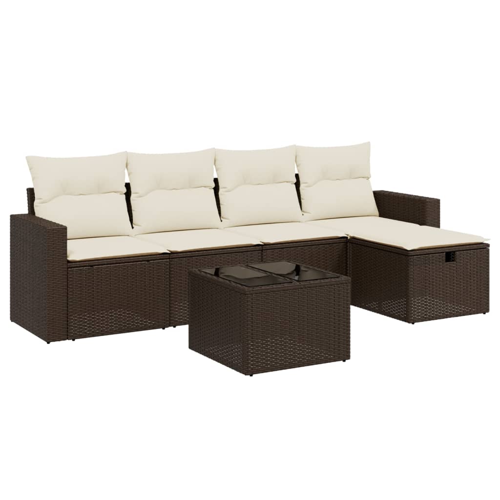 Set Divano da Giardino 6 pz con Cuscini Marrone in Polyrattan