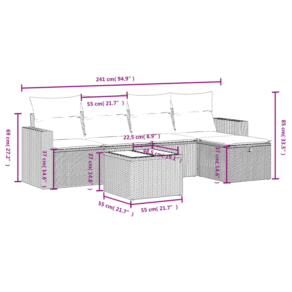 Set Divano da Giardino 6 pz con Cuscini Marrone in Polyrattan