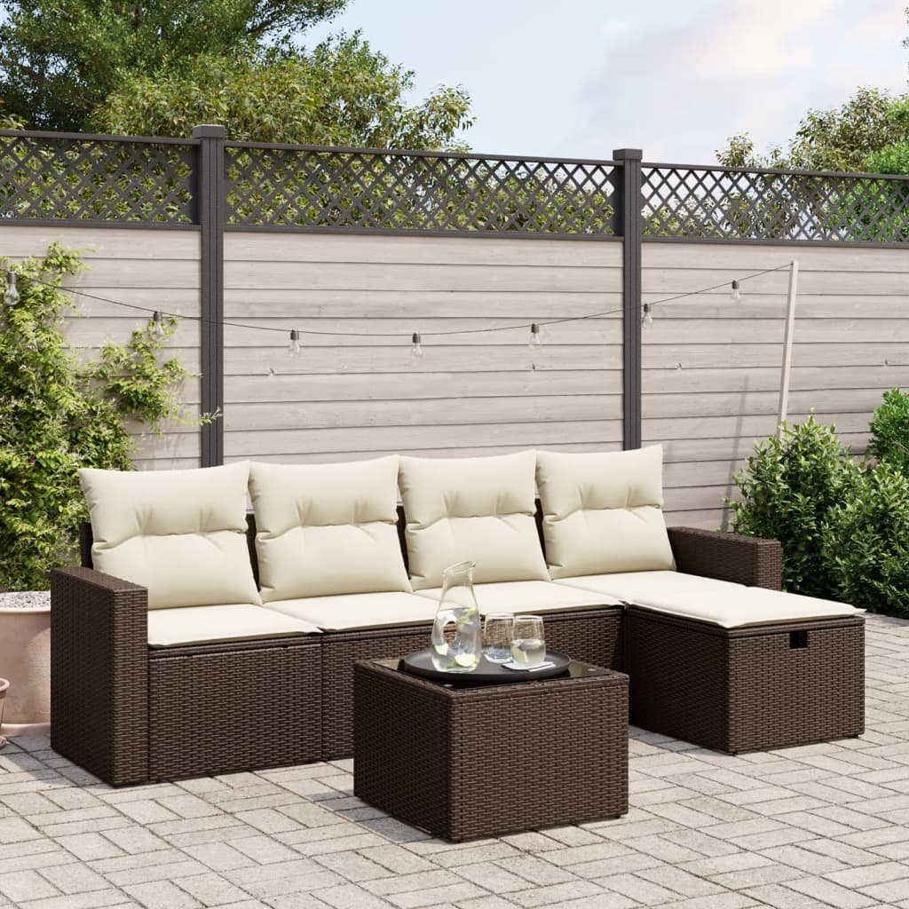 Set Divano da Giardino 6 pz con Cuscini Marrone in Polyrattan