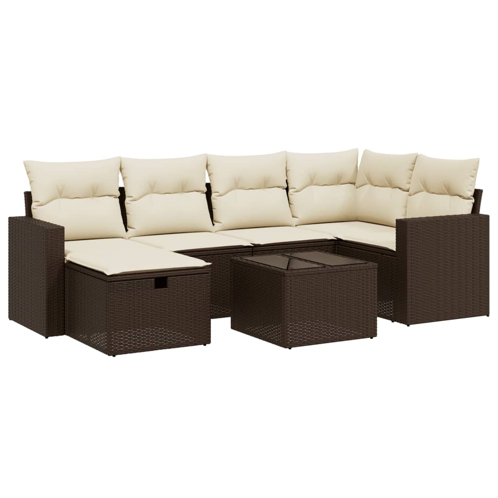 Set Divani da Giardino 7 pz con Cuscini Marrone in Polyrattan