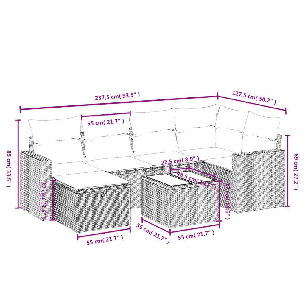 Set Divani da Giardino 7 pz con Cuscini Marrone in Polyrattan