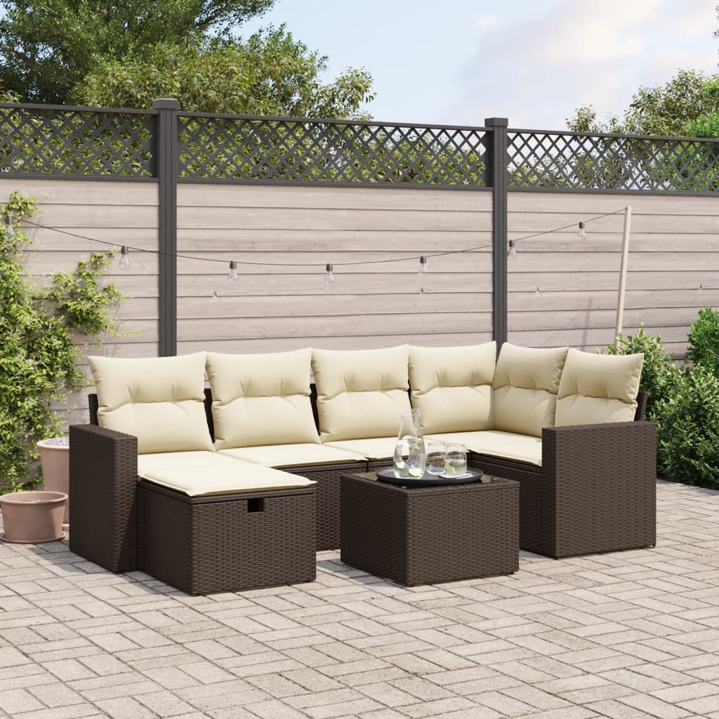 Set Divani da Giardino 7 pz con Cuscini Marrone in Polyrattan