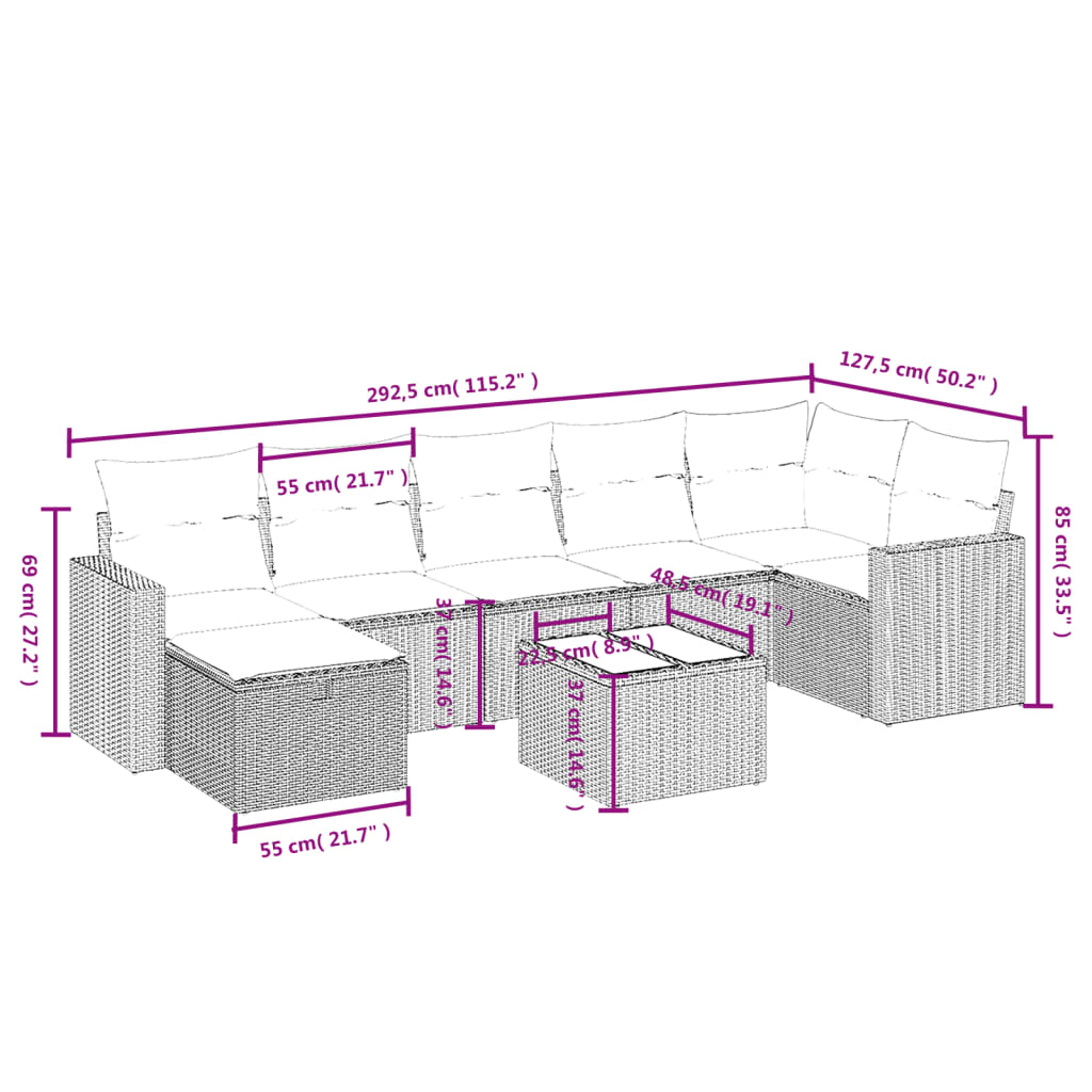 Set Divani da Giardino 8 pz con Cuscini Marrone in Polyrattan