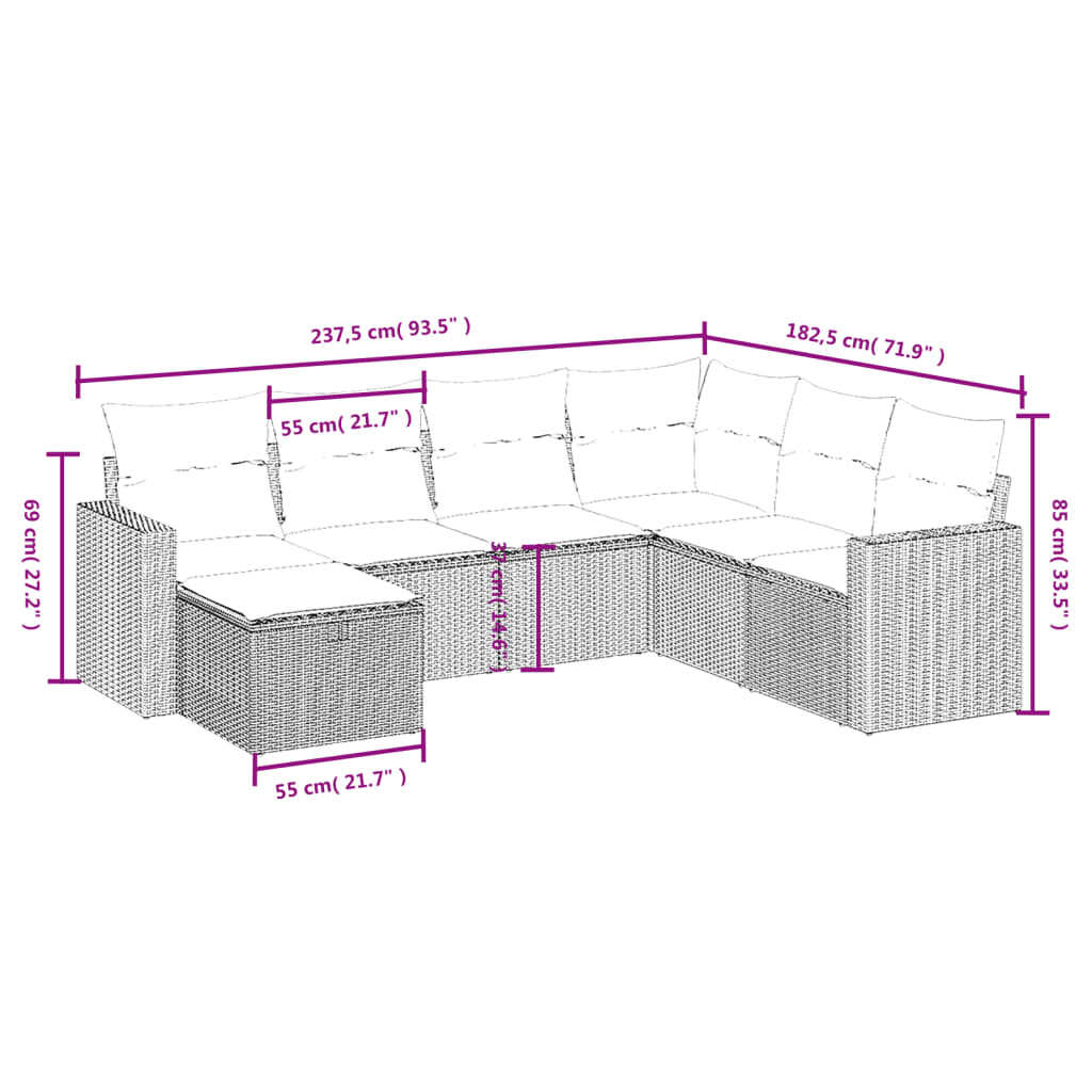 Set Divani da Giardino 7 pz con Cuscini Grigio in Polyrattan