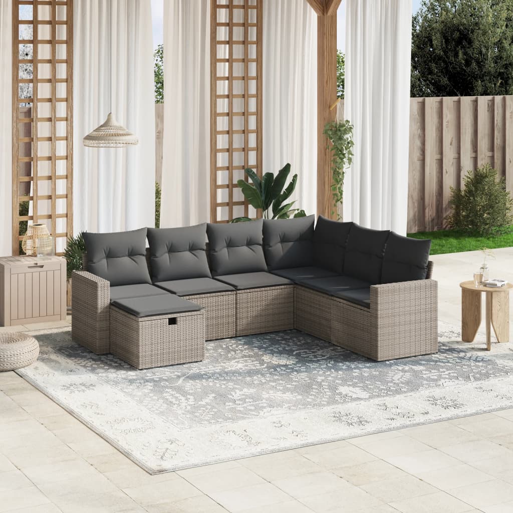 Set Divani da Giardino 7 pz con Cuscini Grigio in Polyrattan