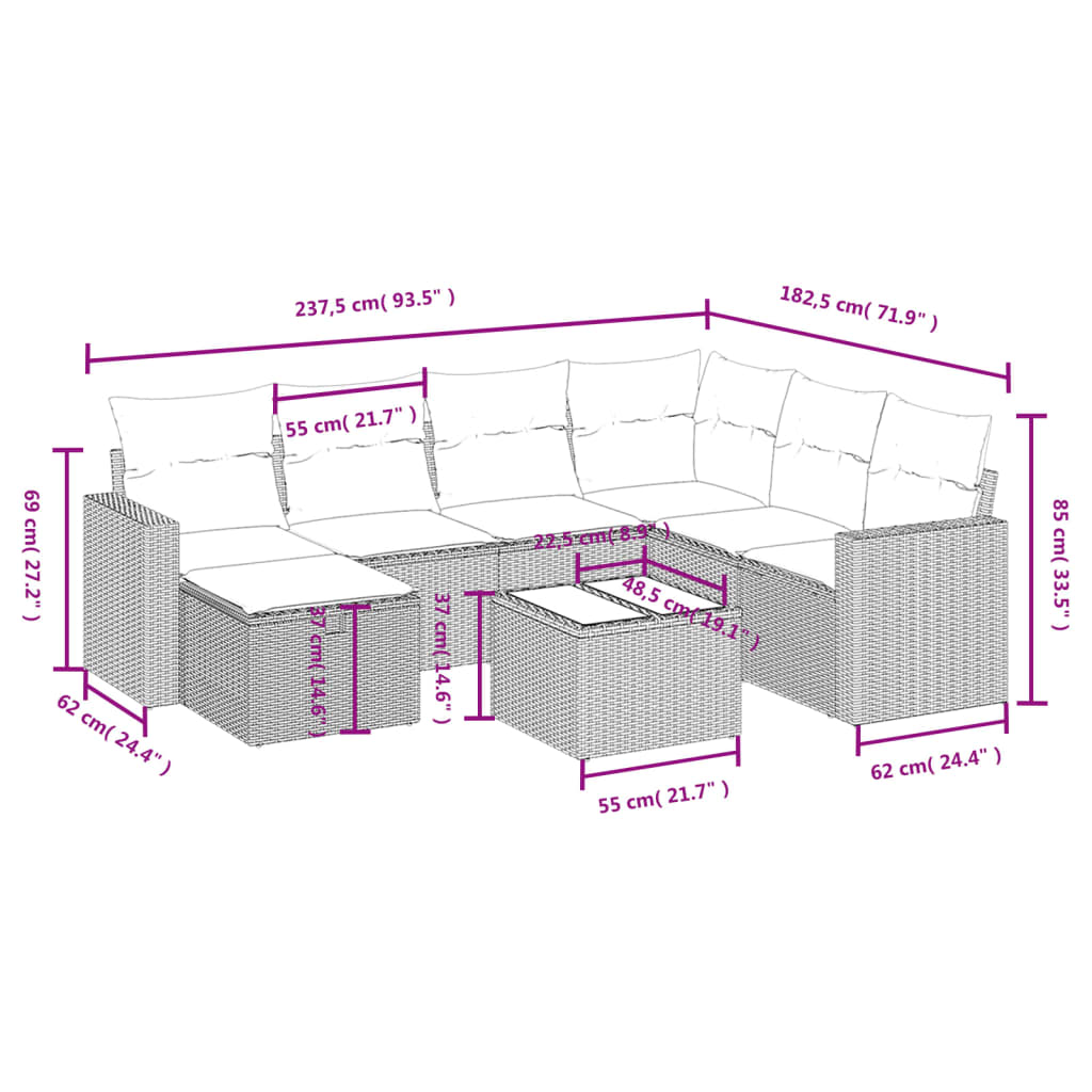 Set Divani da Giardino 8 pz con Cuscini Marrone in Polyrattan