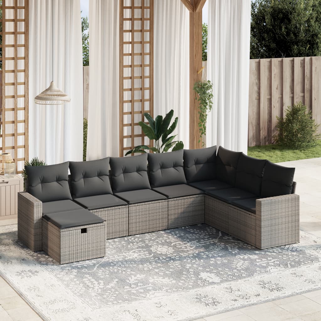 Set Divano da Giardino 8 pz con Cuscini Grigio in Polyrattan