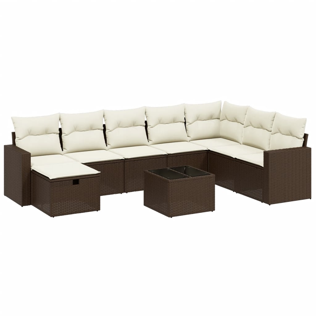 Set Divani da Giardino 9pz con Cuscini Marrone in Polyrattan