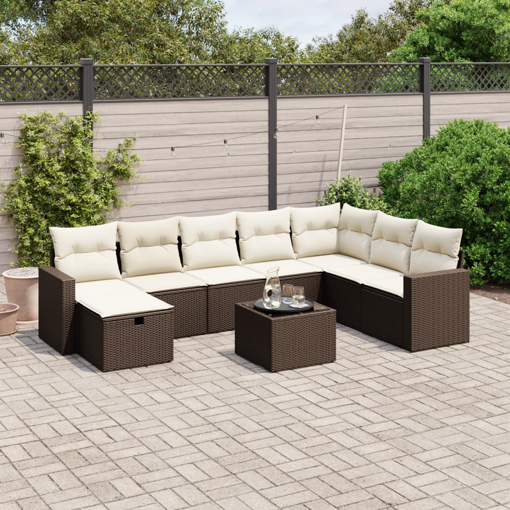 Set Divani da Giardino 9pz con Cuscini Marrone in Polyrattan