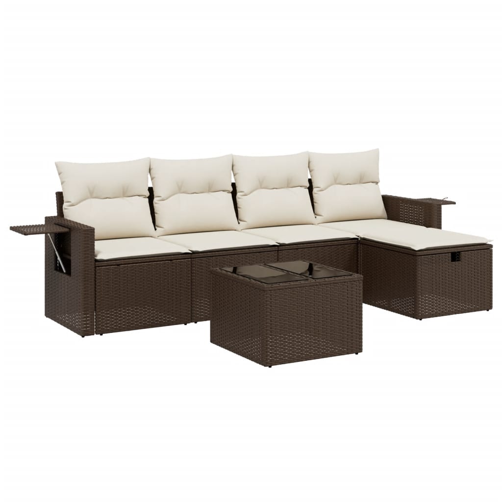 Set Divano da Giardino 6 pz con Cuscini Marrone in Polyrattan