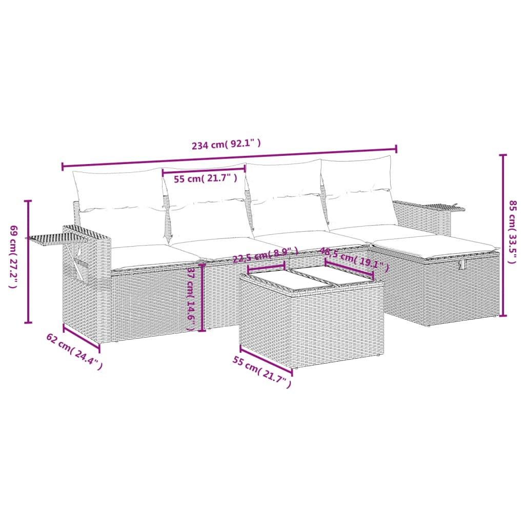 Set Divano da Giardino 6 pz con Cuscini Marrone in Polyrattan