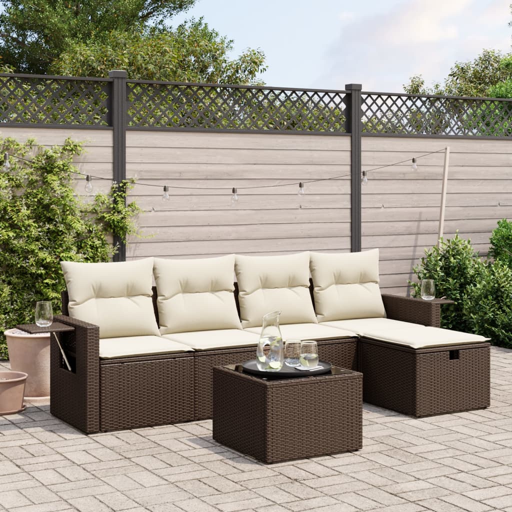 Set Divano da Giardino 6 pz con Cuscini Marrone in Polyrattan