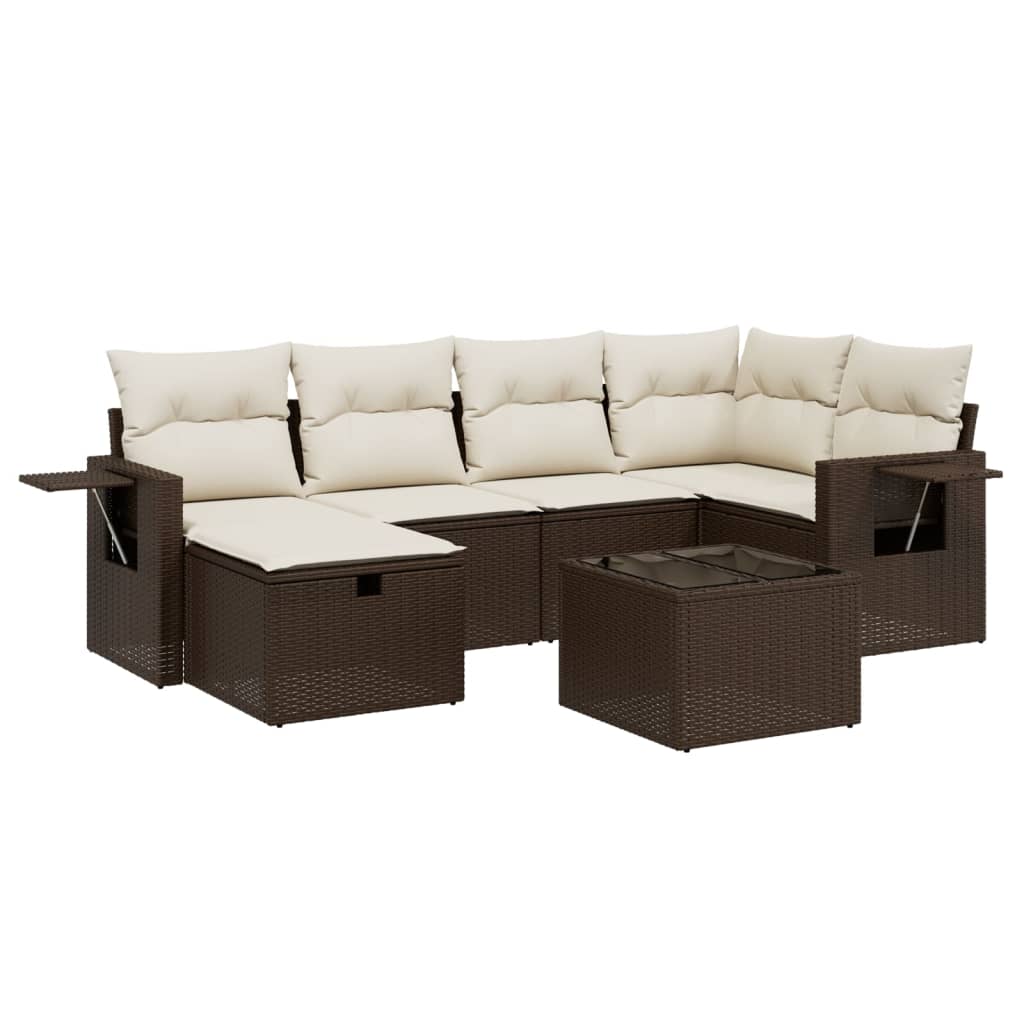 Set Divani da Giardino 7 pz con Cuscini Marrone in Polyrattan