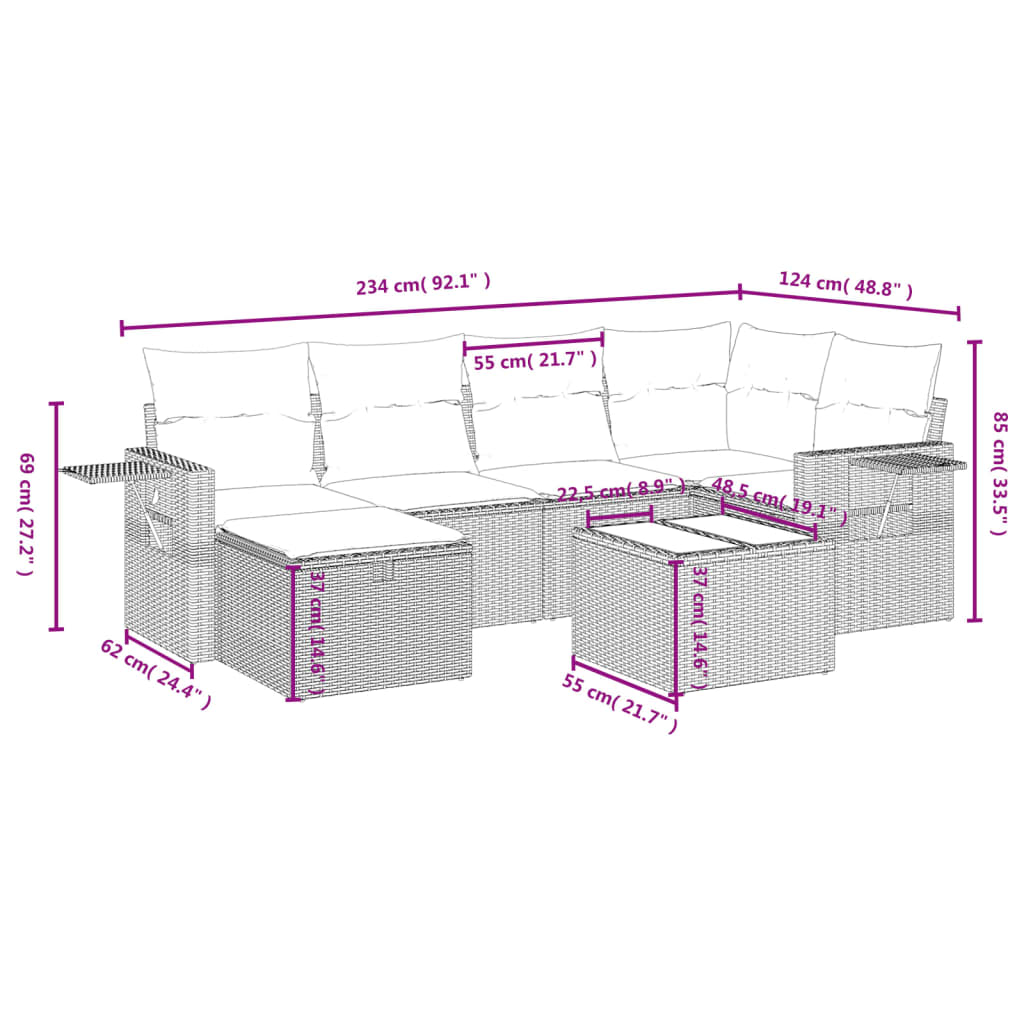 Set Divani da Giardino 7 pz con Cuscini Marrone in Polyrattan