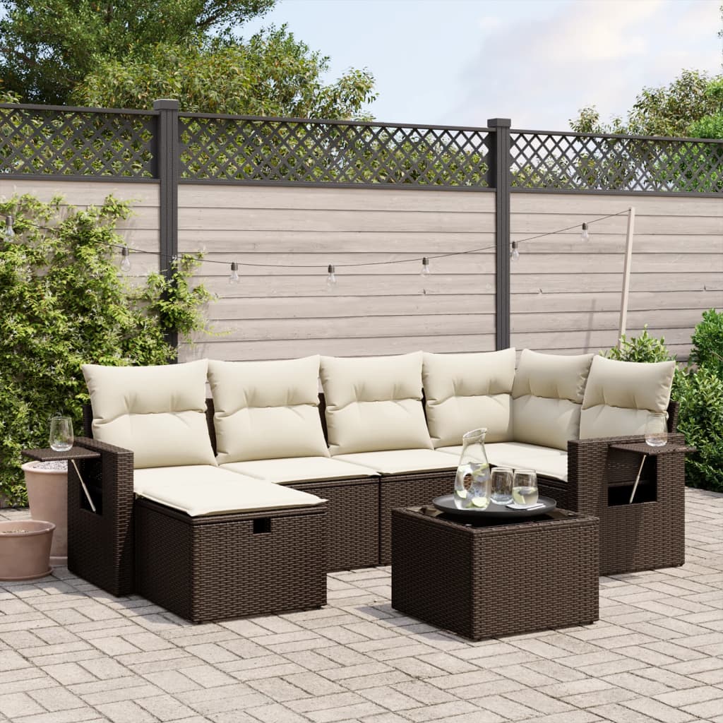 Set Divani da Giardino 7 pz con Cuscini Marrone in Polyrattan