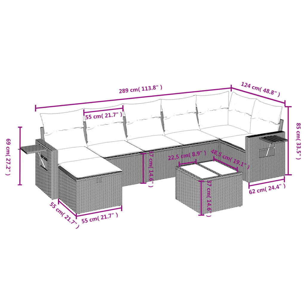 Set Divani da Giardino 8 pz con Cuscini Marrone in Polyrattan