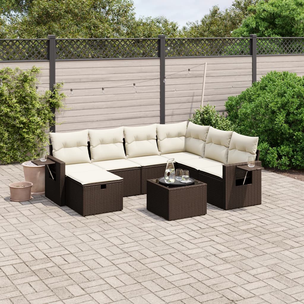 Set Divani da Giardino 8 pz con Cuscini Marrone in Polyrattan