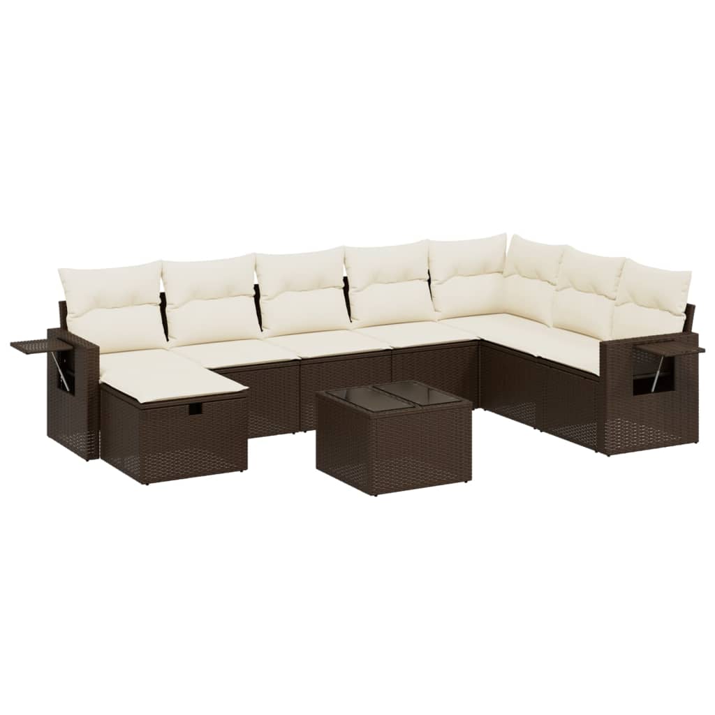 Set Divani da Giardino 9pz con Cuscini Marrone in Polyrattan