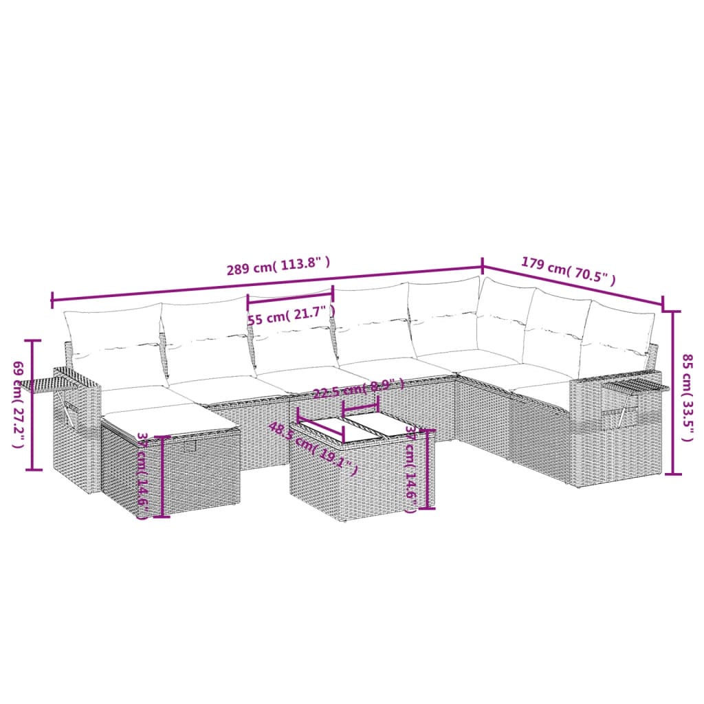 Set Divani da Giardino 9pz con Cuscini Marrone in Polyrattan