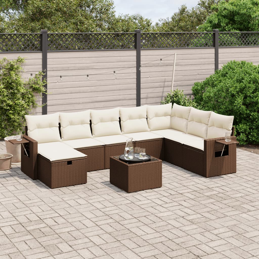 Set Divani da Giardino 9pz con Cuscini Marrone in Polyrattan