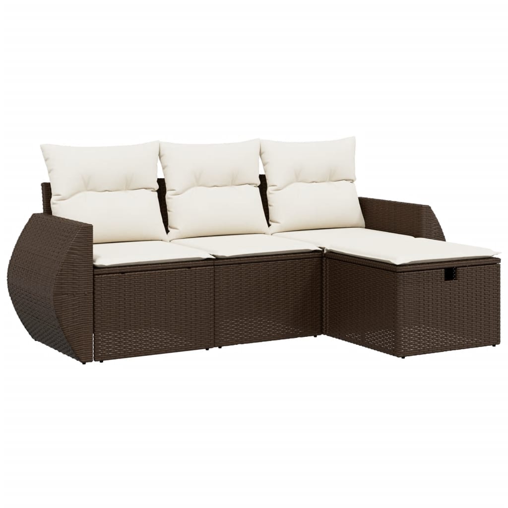 Set Divano da Giardino 4 pz con Cuscini Marrone in Polyrattan