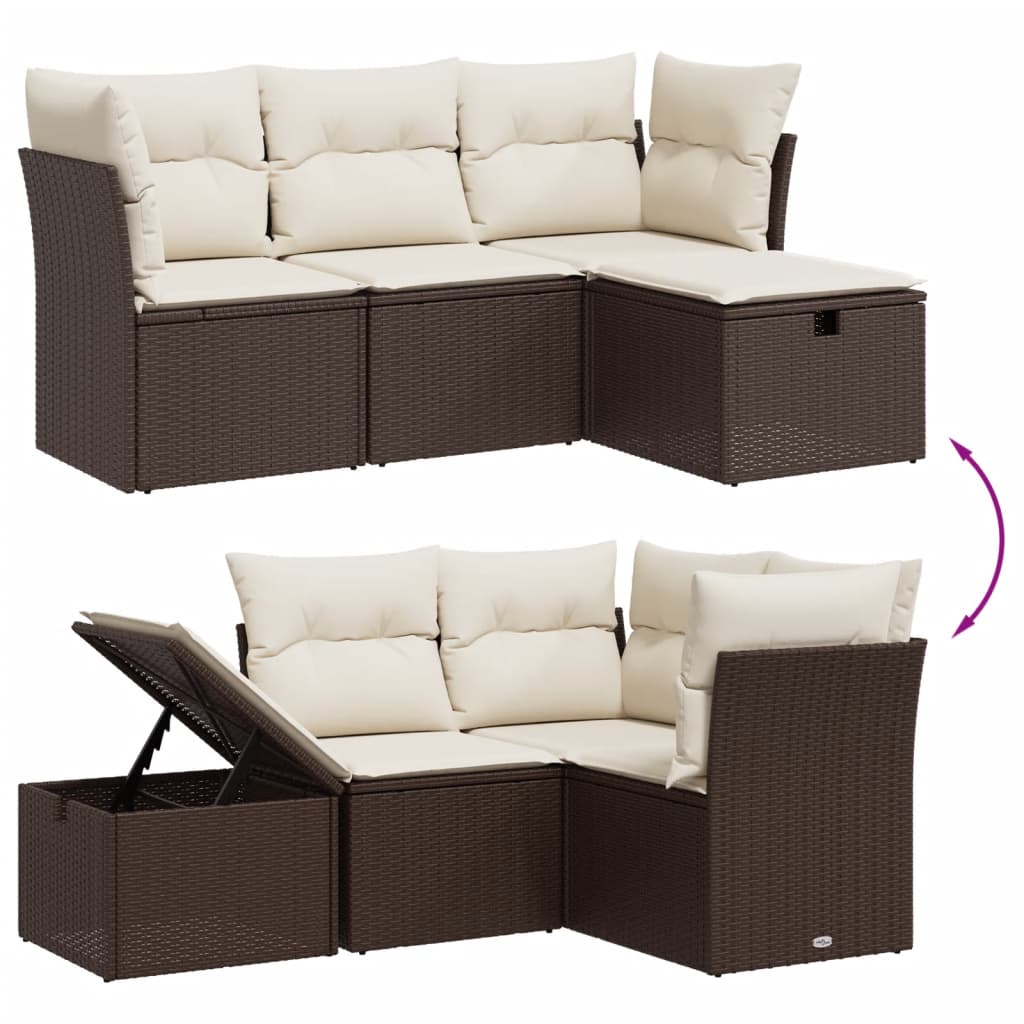 Set Divano da Giardino 4 pz con Cuscini Marrone in Polyrattan